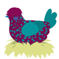 A wine and teal chicken with a speckle pattern