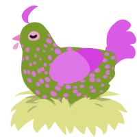 A chartreuse and orchid chicken with a speckle pattern