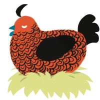 A vermilion and black chicken with a double-lace pattern