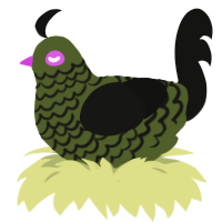 Eris, a olive and black chicken with a lace pattern