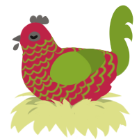 A crimson and chartreuse chicken with a lace pattern