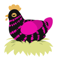 Sal, a black and fuchsia chicken with a bar pattern