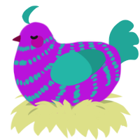 A amethyst and turquoise chicken with a bar pattern