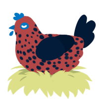 A red and tumblr chicken with a speckle pattern