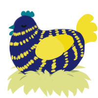 Midnight, a navy and yellow chicken with a bar pattern