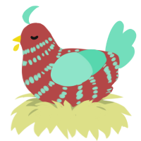 Brooke, a red and mint chicken with a bar pattern