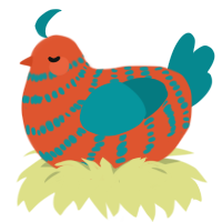 A vermilion and teal chicken with a bar pattern