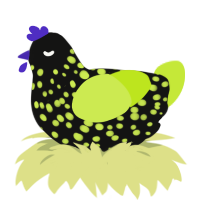 A black and lime chicken with a speckle pattern