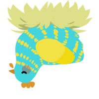 A aqua and yellow chicken with a bar pattern