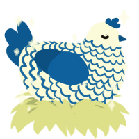 A white and ultramarine chicken with a lace pattern