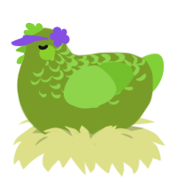 Glep, a chartreuse and grass chicken with a half-lace pattern