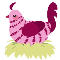 Lacy, a pink and maroon chicken with a bar pattern