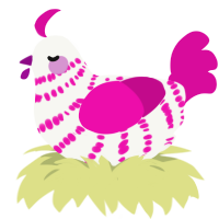 Unicorn, a white and fuchsia chicken with a bar pattern
