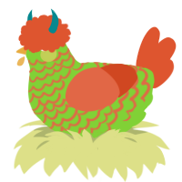 Auntie Cleo, a grass and vermilion chicken with a lace pattern