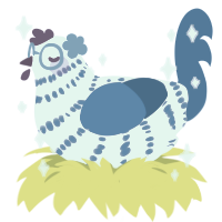Porcelain, a white and sapphire chicken with a bar pattern