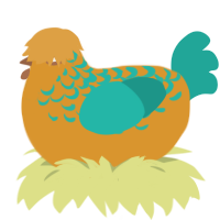 A orange and turquoise chicken with a half-lace pattern