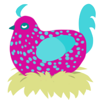 Noopy Noobert, a fuchsia and aqua chicken with a speckle pattern