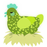 u-f-orpington, a chartreuse and lime chicken with a speckle pattern