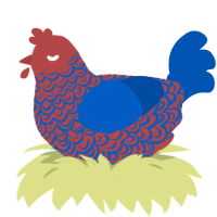 Kip, a red and ultramarine chicken with a double-lace pattern