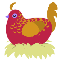 A crimson and ochre chicken with a half-lace pattern