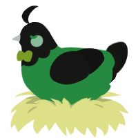 A viridian and black chicken with a head pattern