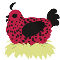 Ladybug, a crimson and sable chicken with a speckle pattern