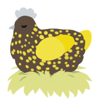 A bark and yellow chicken with a speckle pattern