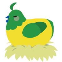 A yellow and viridian chicken with a head pattern
