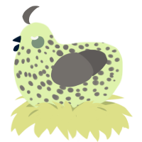 A apple and grey chicken with a speckle pattern