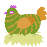 A chartreuse and orange chicken with a bar pattern