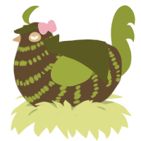 Fenomshank, a bark and chartreuse chicken with a bar pattern