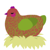 A red and chartreuse chicken with a double-lace pattern