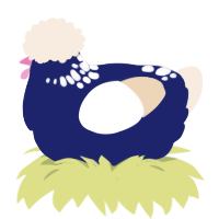 A navy and cream chicken with a neck-speckle pattern