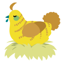 Fuzzle, a yellow and gold chicken with a half-bar pattern
