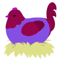 Flambe, a blurple and maroon chicken with a head pattern