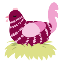 A maroon and pink chicken with a bar pattern