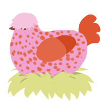A pink and vermilion chicken with a speckle pattern