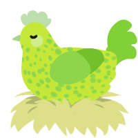 A lime and grass chicken with a speckle pattern