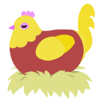 A red and yellow chicken with a head pattern