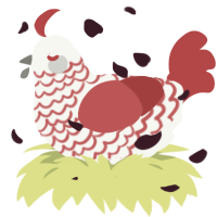 A white and red chicken with a lace pattern