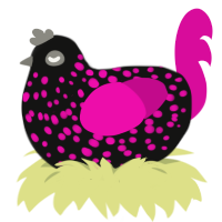 Esoteria, a black and fuchsia chicken with a speckle pattern