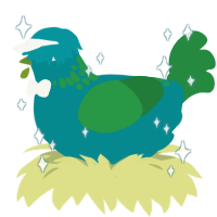A teal and viridian chicken with a neck-speckle pattern
