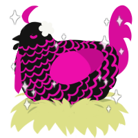 Morgana, a black and fuchsia chicken with a lace pattern