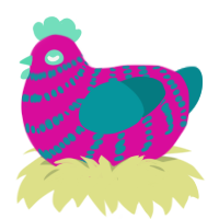 A fuchsia and teal chicken with a bar pattern