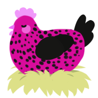 A fuchsia and black chicken with a speckle pattern