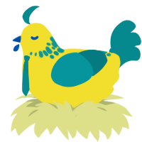 A yellow and teal chicken with a neck-speckle pattern