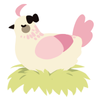 A cream and pink chicken with a neck-speckle pattern