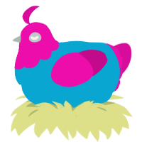 A cerulean and fuchsia chicken with a head pattern