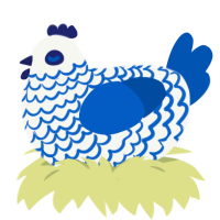 A white and ultramarine chicken with a lace pattern