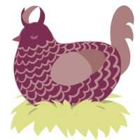 Clive, a maroon and red chicken with a lace pattern